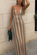 Karleedress Halter V Neck Backless Color Block Crochet Maxi Dress