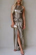 Halter Open Back Twist Front Slit Metallic Maxi Dress