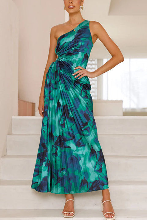 Karleedress One Shoulder Drawstring Cut Out Printed Maxi Pleated Dress