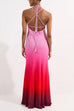 V Neck Backless Strappy Ombre Mesh Maxi Dress