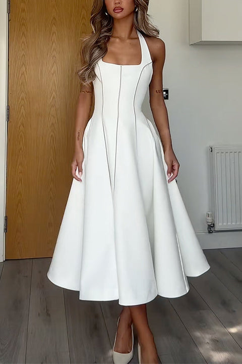 Karleedress Halter Neck Backless Hollow Out Swing Midi Dress