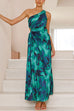 Karleedress One Shoulder Drawstring Cut Out Printed Maxi Pleated Dress