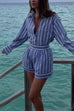 Karleedress Striped Long Sleeves Curve Hem Shirt and High Rise Shorts Set