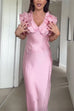 V Neck Short Sleeves Ruffle Satin Midi Dress