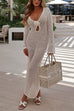Karleedress V Neck Long Sleeves Backless Crochet Hollow Out Knit Maxi Dress