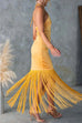 Karleedress Halter Neck Patchwork Fringe Hem Satin Maxi Dress