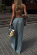Karleedress Halter Backless Ruffle Top and Elastic Waist Pleated Maxi Skirt Set