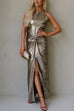 Halter Open Back Twist Front Slit Metallic Maxi Dress
