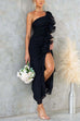 Karleedress One Shoulder Slit Ruched Ruffle Mesh Maxi Dress