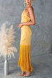 Karleedress Halter Neck Patchwork Fringe Hem Satin Maxi Dress