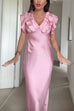 V Neck Short Sleeves Ruffle Satin Midi Dress