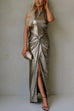 Halter Open Back Twist Front Slit Metallic Maxi Dress