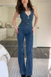 Karleedress Zip Up Sleeveless Heart Back Bell Bottom Denim Jumpsuit