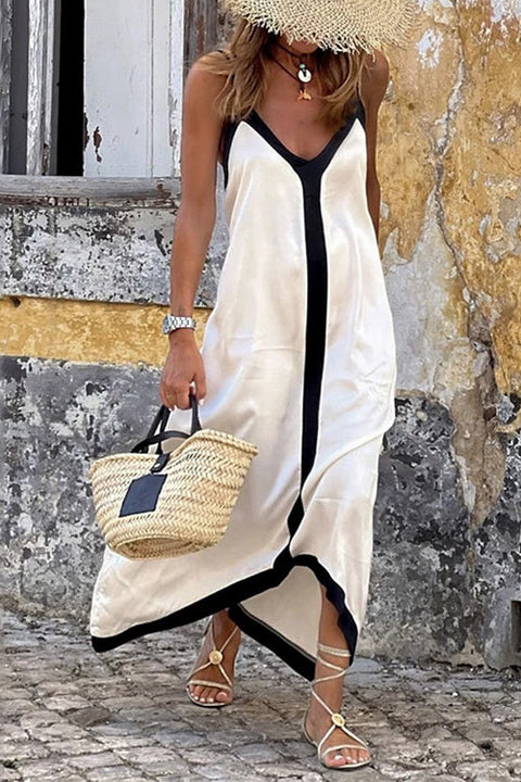 Karleedress Spaghetti Strap V Neck Color Block Maxi Holiday Dress