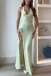 Karleedress Halter V Neck Backless Slit Rose Applique Knit Maxi Dress