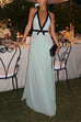 Karleedress Deep V Neck Halter Backless Color Block Bow Maxi Dress