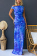 Asymmetric Shoulder Ruched Waist Floral Print Maxi Dress