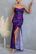 Spaghetti Strap Ruched Slit Floral Print Maxi Dress