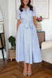 Short Sleeves Button Down Tie Waist Striped A-line Midi Dress