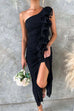 Karleedress One Shoulder Slit Ruffle Mesh Maxi Dress