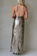 Halter Open Back Twist Front Slit Metallic Maxi Dress