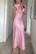 V Neck Short Sleeves Ruffle Satin Midi Dress