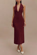 Karleedress Halter V Neck Backless Buttons Bodycon Midi Dress