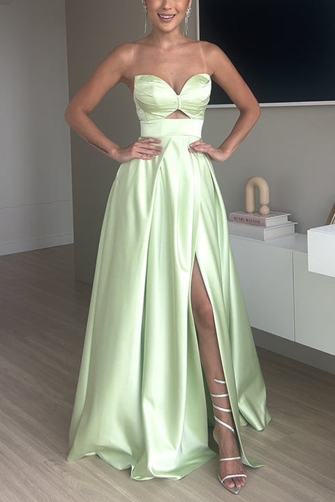 Karleedress Strapless Cut Out Back Lace-up Slit Maxi Party Dress