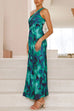 Karleedress One Shoulder Drawstring Cut Out Printed Maxi Pleated Dress