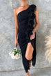 Karleedress One Shoulder Slit Ruched Ruffle Mesh Maxi Dress