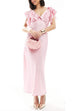V Neck Short Sleeves Ruffle Satin Midi Dress