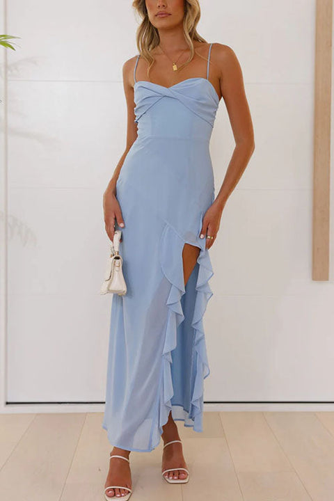 Karleedress Spaghetti Strap Ruffle Slit Maxi Chiffon Dress