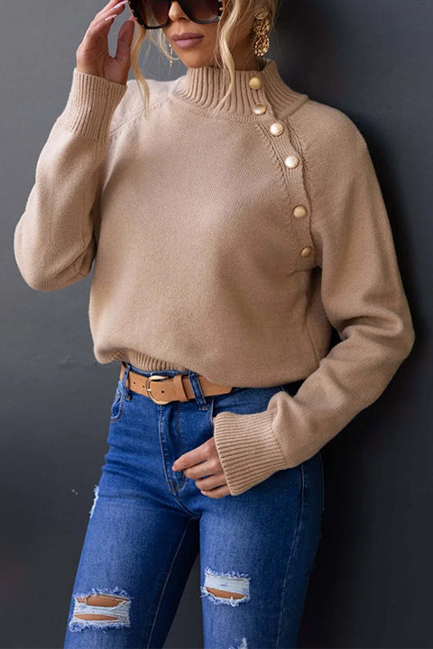 High Neck Buttons Ribbed Knit Casual Sweater
