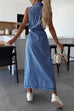 Karleedress Sleeveless Button Down Tie Waist Pocketed Denim Midi Dress