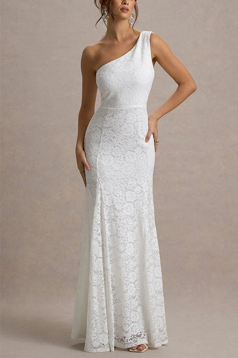 One Shoulder Sleeveless Floral Lace Maxi Dress