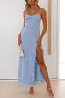 Karleedress Spaghetti Strap Ruffle Slit Maxi Chiffon Dress