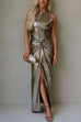 Halter Open Back Twist Front Slit Metallic Maxi Dress