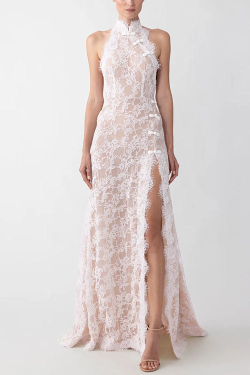 Halter Open Back High Slit Lace Cheongsam Maxi Dress