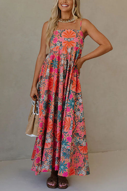 Spaghetti Strap Empire Waist Floral Print Flowy Maxi Dress