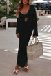Karleedress V Neck Long Sleeves Backless Crochet Hollow Out Knit Maxi Dress