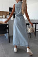 Karleedress Sleeveless Button Down Tie Waist Pocketed Denim Midi Dress
