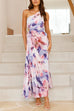 Karleedress One Shoulder Sleeveless Cut Out Floral Print Pleated Maxi Dress