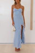 Karleedress Spaghetti Strap Ruffle Slit Maxi Chiffon Dress