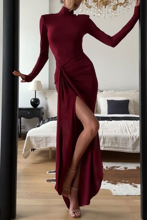 Karleedress Turtleneck Ruched High Slit Maxi Party Dress