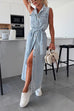 Karleedress Sleeveless Button Down Tie Waist Pocketed Denim Midi Dress