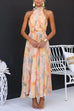 Halter Neck Open Back Waisted Watercolor Print Maxi Dress