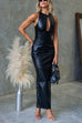 Sleeveless Cut Out Back Slit Faux Leather Bodycon Maxi Dress