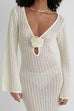 Karleedress V Neck Long Sleeves Backless Crochet Hollow Out Knit Maxi Dress