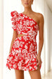 Karleedress One Shoulder Cut Out Floral Print Ruffle Mini Dress