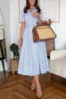 Short Sleeves Button Down Tie Waist Striped A-line Midi Dress